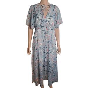 Abercrombie And Fitch Size S  Blue Red Floral Midi Dress Fairy Garden Sheer FLAW